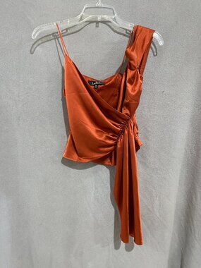 Lulus Burnt Orange Satin One Shoulder Ruched Tie Top XS Asymmetrical Party Blous